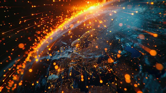 Digital world globe spinning out of control, illustrating the extreme speed of global networks and excessive connectivity on Earth, with super-fast data transfer and frenzied business transactions.