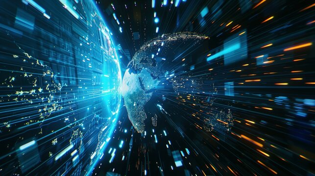 Digital world globe spinning out of control, illustrating the extreme speed of global networks and excessive connectivity on Earth, with super-fast data transfer and frenzied business transactions.