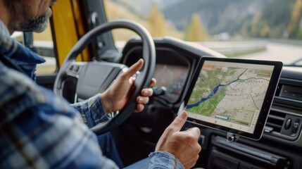 A truck driver checking a route map on a tablet before starting a delivery, with a truck in the background