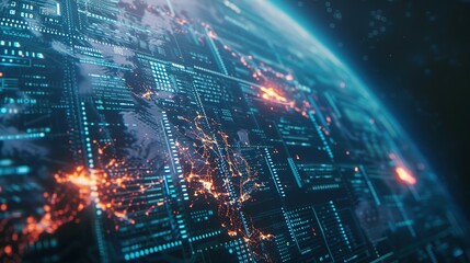 Digital world globe spinning out of control, illustrating the extreme speed of global networks and excessive connectivity on Earth, with super-fast data transfer and frenzied business transactions.