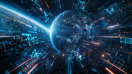 Digital world globe spinning out of control, illustrating the extreme speed of global networks and excessive connectivity on Earth, with super-fast data transfer and frenzied business transactions.