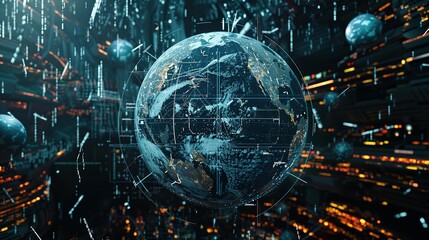 Digital world globe spinning out of control, illustrating the extreme speed of global networks and excessive connectivity on Earth, with super-fast data transfer and frenzied business transactions.