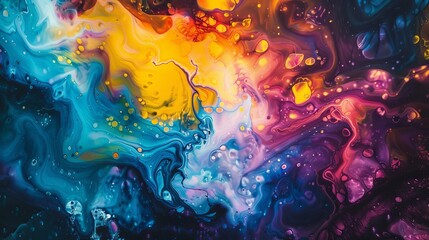 Abstract, colorful composition with oil, water and ink with reflected led lights