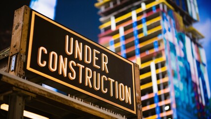 Wooden "Under Construction" sign stands out in front of a tall building under development.
