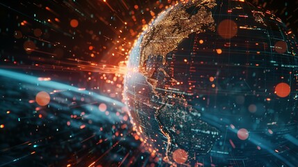 Digital world globe spinning out of control, illustrating the extreme speed of global networks and excessive connectivity on Earth, with super-fast data transfer and frenzied business transactions.