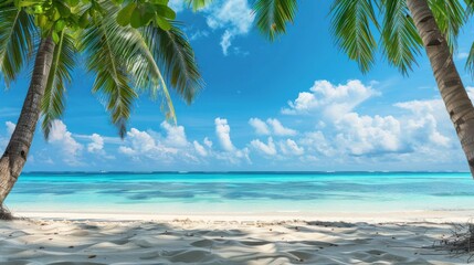 A tropical island scene with palm trees, white sand, and turquoise waters, leaving blank space in the foreground for customizable messages