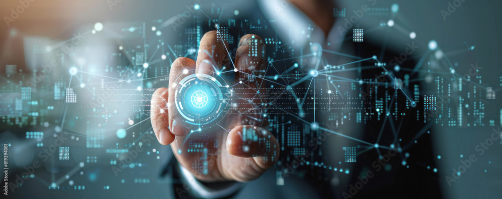 Poster A man is pointing at a blue circle on a screen. The blue circle is surrounded by a network of lines and dots