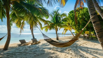 A tropical island resort with palm trees, hammocks, and loungers, providing blank space on the sand for customizable messages or logos