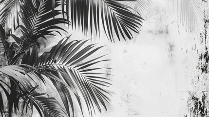Tropical palm leaves on grunge silver background. Black and white
