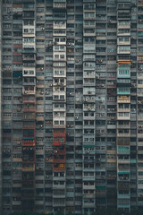 cityscape of asian apartment building, grey concrete facade with many air conditioner units, portrait format, photorealistic // ai-generated 