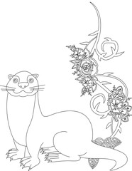 Otter and A Floral Vine Coloring Page. Printable Coloring Worksheet for Adults and Kids. Educational Resources for School and Preschool.
