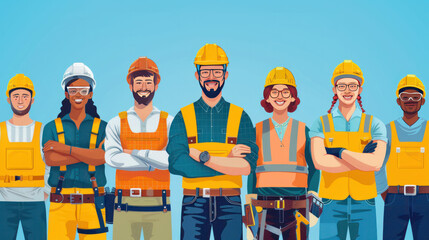 A group of construction workers are standing together, all wearing safety gear and smiling. Concept of camaraderie and teamwork among the workers
