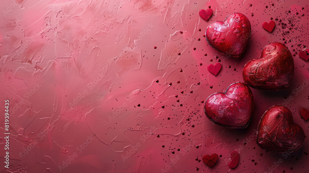 Poster a red background with four hearts on it. the hearts are arranged in a row and are surrounded by a re