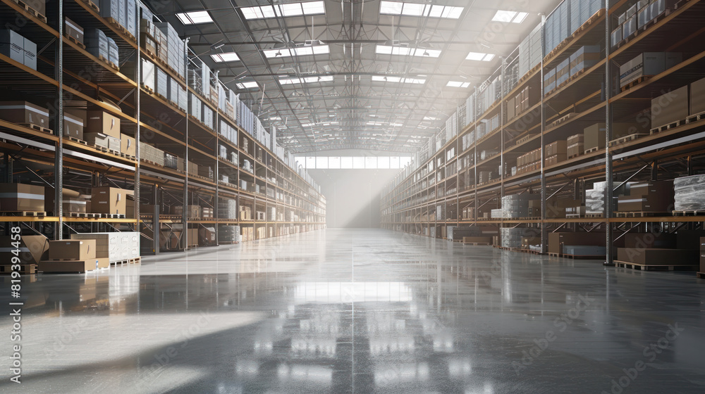 Poster A large warehouse with many shelves and boxes. The space is very open and empty. The sunlight is shining through the windows, creating a bright and spacious atmosphere