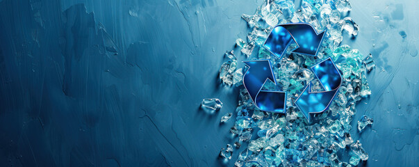 A blue background with a broken glass recycling symbol. The symbol is made up of many pieces of glass