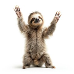 front-view full-body shot of a cute sloth looking up with arms outstretched, solid white...