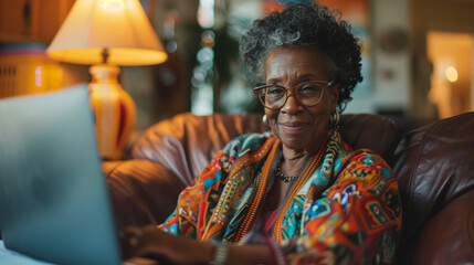 Happy senior african american female pensioner on video call on laptop relaxing at home. Elderly black grandparent connecting digitally with family on computer PC
