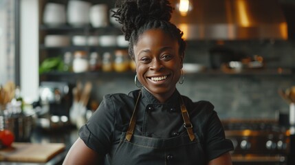TV Cooking Show in Restaurant Kitchen. Portrait of Black Female Celebrity Chef Talks, Teaches Fun Way How to Cook Food