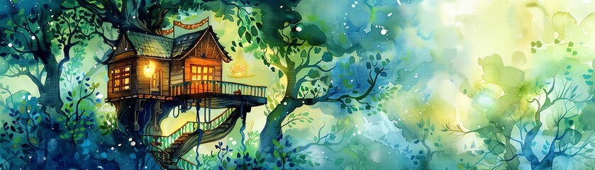 Whimsical treehouse in an enchanted forest, illustrated in watercolor
