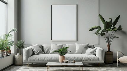 Mock up poster frame in a modern Art Deco style living room interior, 3D render and illustration.