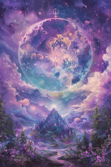 fantasy celestial world with an oversized moon, surrounded by floating islands and glowing stars, astral world with purple and blue hues, mountains, clouds, symbols of life, illustration // ai-generat