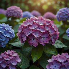 Close up shot of beautiful hydrangea flowers blooming in the garden with natural lighting