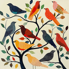 Brightly colored traditional Gond folk art from India of birds in a tree.