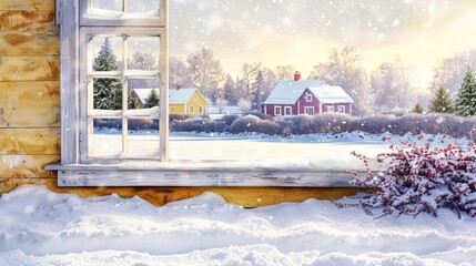 A snowy landscape outside a cozy cottage window