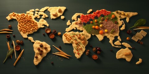 World map made from assorted spices and grains on a dark background. Culinary and global cuisine...