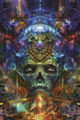 fantasy portrait of a skull in an otherworldly setting, shamanic, sacred geometry, mandala patterns, glowing lights, cosmic nebula background, psychedelic fractals, illustration // ai-generated 