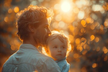 Dad holds little son in arms. Father and child hug tenderly at sunset in golden hour. Atmosphere of warmth and tenderness. Poster with bokeh and space for text. Concept for Fathers Day