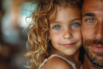 Obraz premium Father and daughter hug tenderly, pressing their faces. Dad hugs child, very close up. Atmosphere of fatherly love and tenderness, with space for text. Fathers day concept