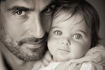 Father and child. Caucasian dad with small beard hugs little child with big eyes. Black and white portrait of father and daughter. Fathers Day concept