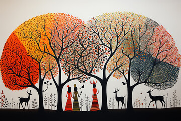 Brightly colored traditional Gond folk art from India of people, animals and trees in shades of red and black on a textured background.