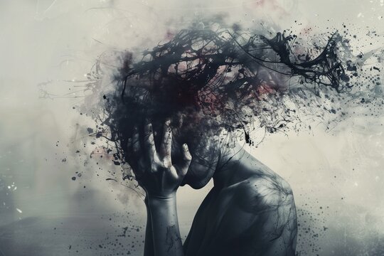 Person with gloomy thoughts, confusion and psychological problems holds head in hands. Psychological concept art for psychologist