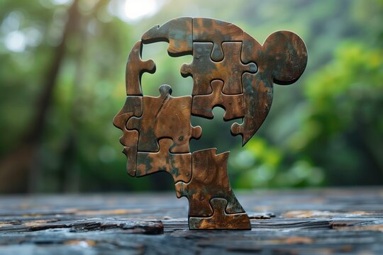 Woman head made from puzzles with missing pieces. Concept of psychological trauma and lack of what desired. Psychological concept for psychologists