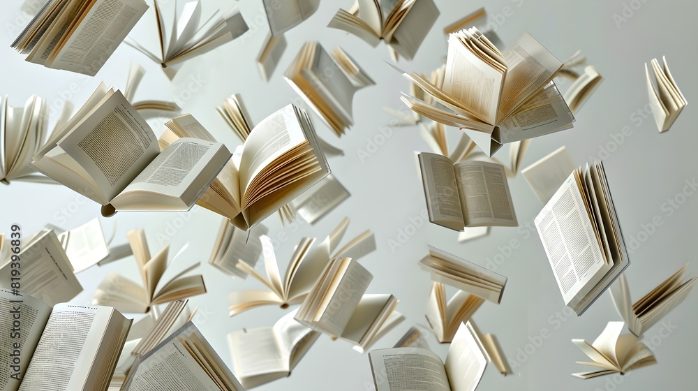 Aufkleber floating open books on a soft pastel background. concept of knowledge and imagination. abstract illu