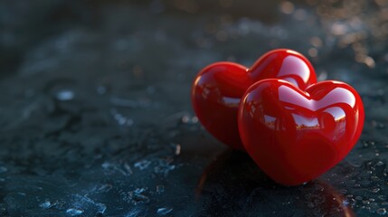 Fototapeta premium Two red 3d hearts on dark background