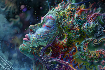 fantasy otherworldly being with womens face made of fractals, swirling patterns around, profile view, psychedelic, photorealistic // ai-generated 