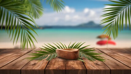 Fototapeta premium wooden table with palm leaves and a blurred background of the sea and sky at a tropical beach