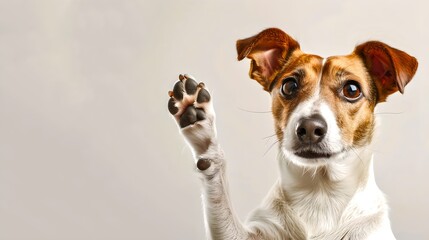 Cute dog raising paw, greeting and asking for attention. Adorable pet portrait with playful pose. AI