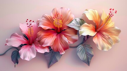 Elegant digital artwork depicting three vibrant hibiscus flowers with delicate petals and soft-colored leaves on a pastel background.