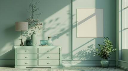 Fototapeta premium Modern mint colored living room interior featuring a light green chest of drawers, vases, a lamp, and a blank canvas poster for advertisement.