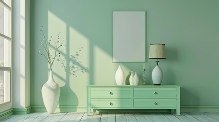 Modern mint colored living room interior featuring a light green chest of drawers, vases, a lamp, and a blank canvas poster for advertisement.