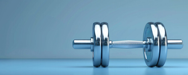 A silver dumbbell is on a blue surface. The dumbbell is the only object in the image