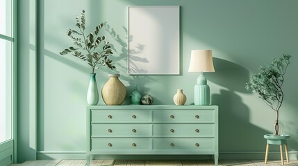 Modern mint colored living room interior featuring a light green chest of drawers, vases, a lamp, and a blank canvas poster for advertisement.