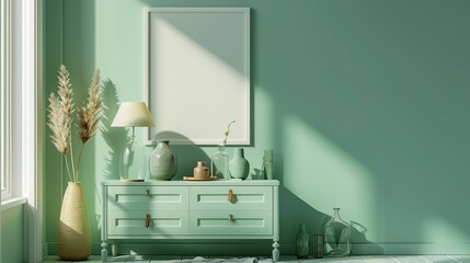 Modern mint colored living room interior featuring a light green chest of drawers, vases, a lamp, and a blank canvas poster for advertisement.