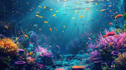 Underwater with colorful sea life fishes and plant at seabed background, Colorful Coral reef landscape in the deep of ocean. Marine life concept