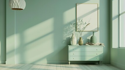 Modern mint colored living room interior featuring a light green chest of drawers, vases, a lamp, and a blank canvas poster for advertisement.