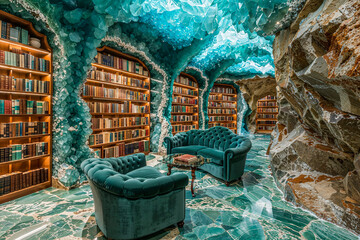Geological crystal library interior design, blue green, underground luxury fantasy architecture, mansion or palace